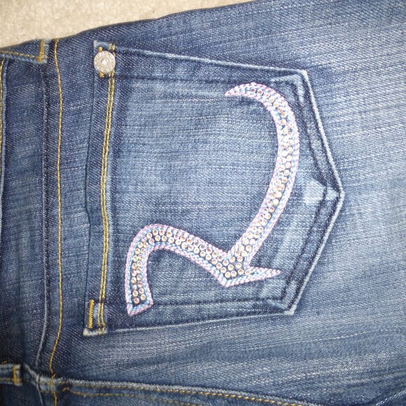 ROCK & REPUBLIC Roth medium wash flare jeans w/ purple pink sparkly rhinestones - Picture 5 of 9